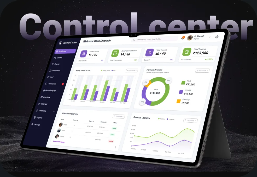 Control Center – hostel management dashboard designed by an Aspira student