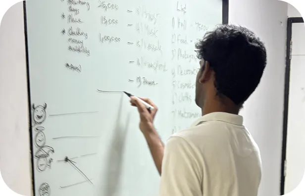 Student mapping a user flow on a whiteboard